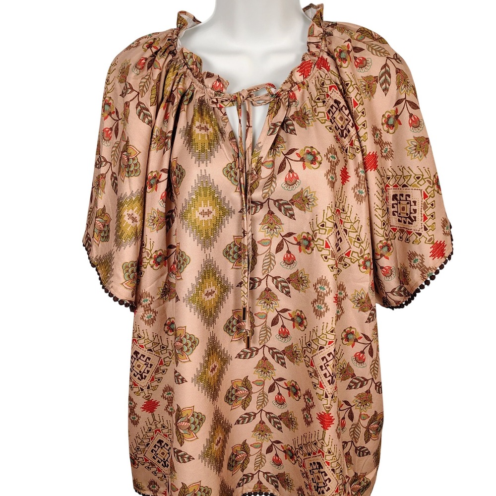 Oddi Los Angeles Boho Peasant Blouse 2XL Tan Floral Geometric Pom Pom festival